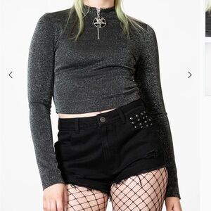 Black Glitter Long Sleeve Crop Top Killstar pentagram